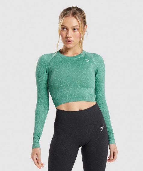 Women's Gymshark Adapt Fleck Seamless Long Sleeve Cropped Tops Green | CA D58A30